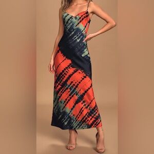 Full of Promise Navy Blue Multi Tie-Dye Satin Maxi Slip Dress